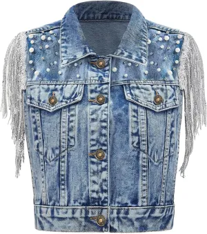 Women's Pearls Beading Denim Vest Sleeveless Sequin Fringe Jean Vest Casual Vintage Crop Top