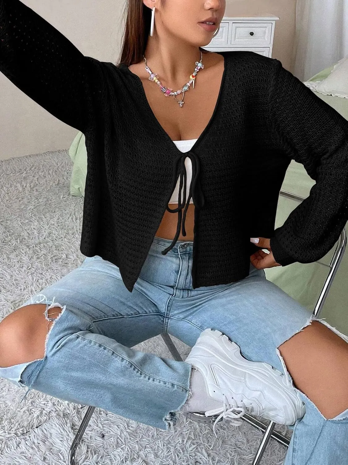 Women's Plus Size Cardigan Hollow Out Open Knit Sweater Ladies Tie Front Shrug, Throw On with Tank Top
