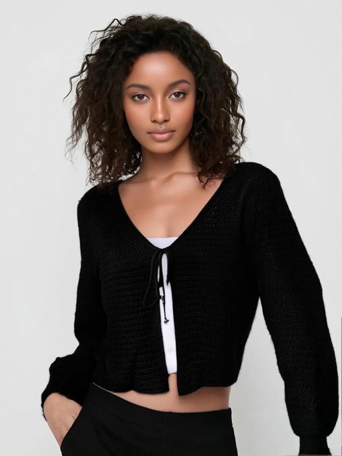 Women's Plus Size Cardigan Hollow Out Open Knit Sweater Ladies Tie Front Shrug, Throw On with Tank Top