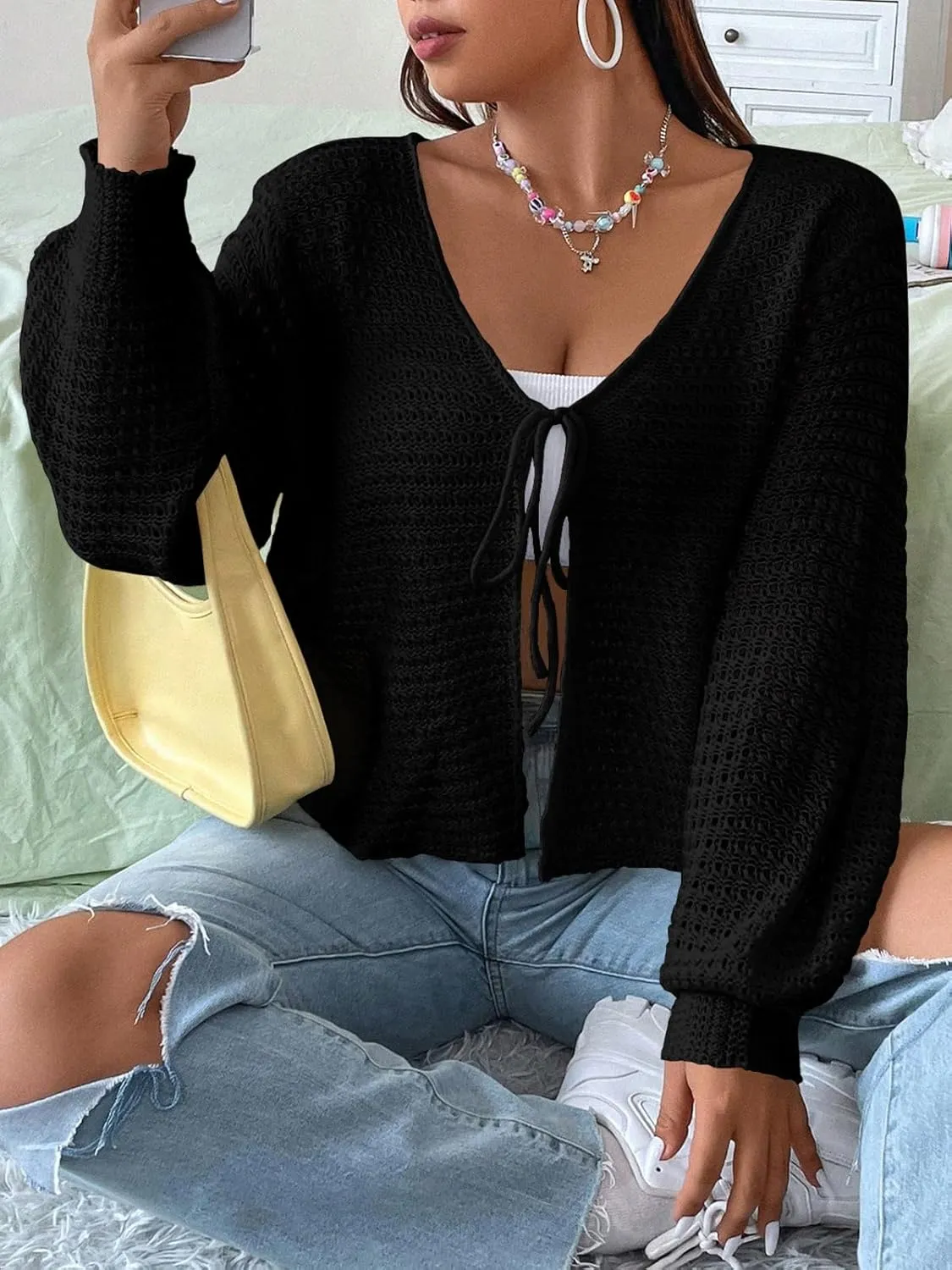 Women's Plus Size Cardigan Hollow Out Open Knit Sweater Ladies Tie Front Shrug, Throw On with Tank Top