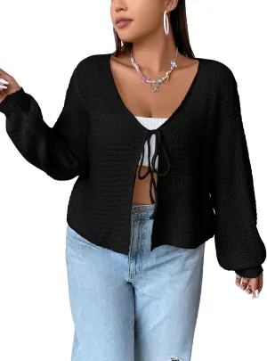 Women's Plus Size Cardigan Hollow Out Open Knit Sweater Ladies Tie Front Shrug, Throw On with Tank Top