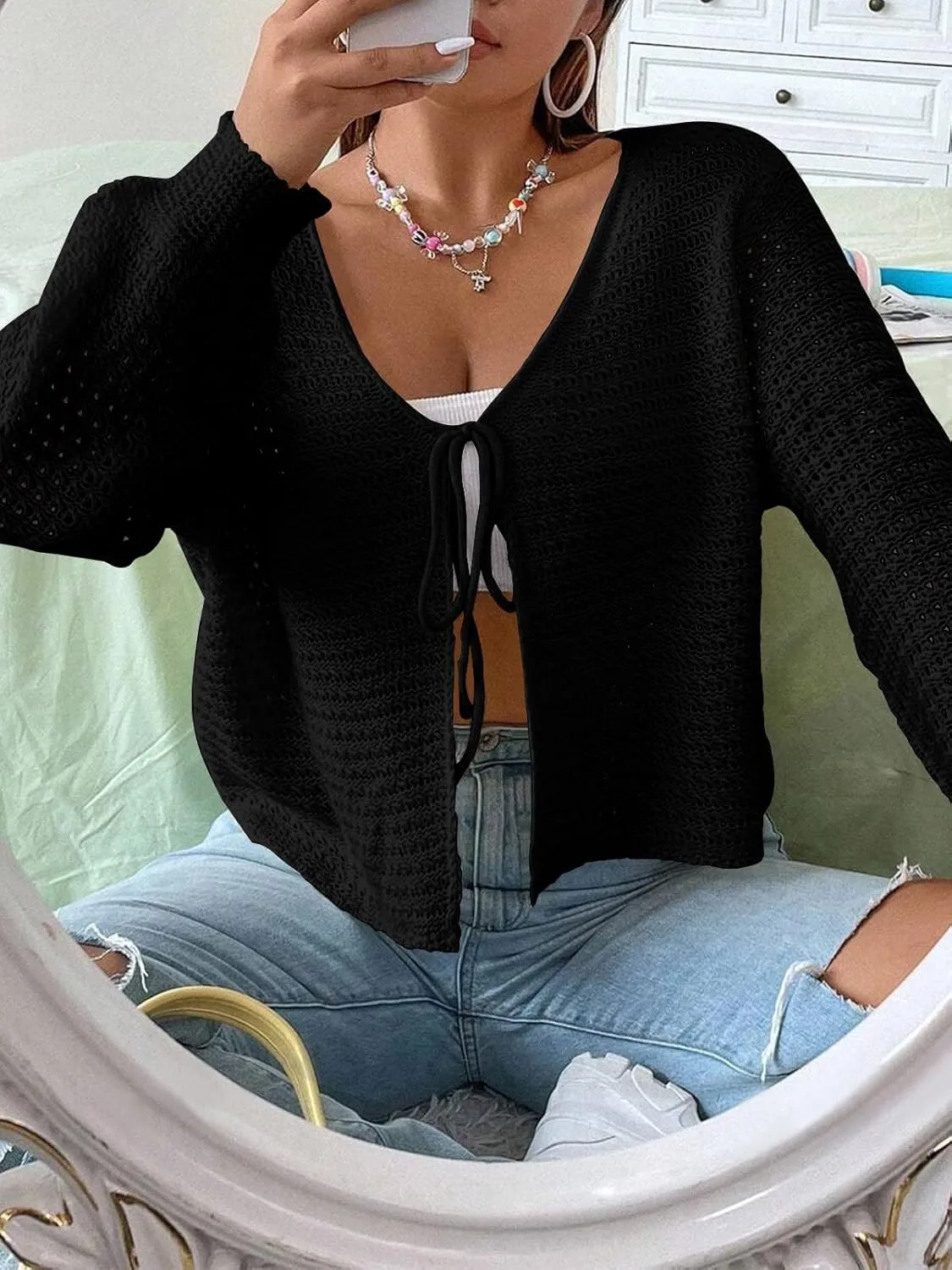 Women's Plus Size Cardigan Hollow Out Open Knit Sweater Ladies Tie Front Shrug, Throw On with Tank Top