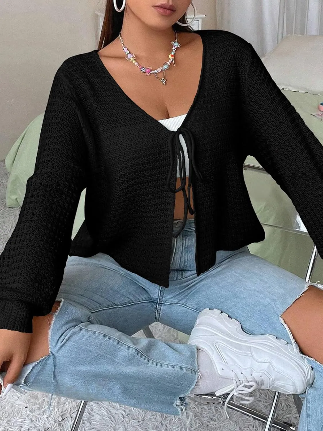 Women's Plus Size Cardigan Hollow Out Open Knit Sweater Ladies Tie Front Shrug, Throw On with Tank Top