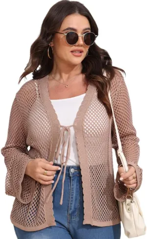 Womens Plus Size Crochet Cardigan Sweater Hollow Out Long Sleeve Open Front Cardigans V Neck Knitted Sweater