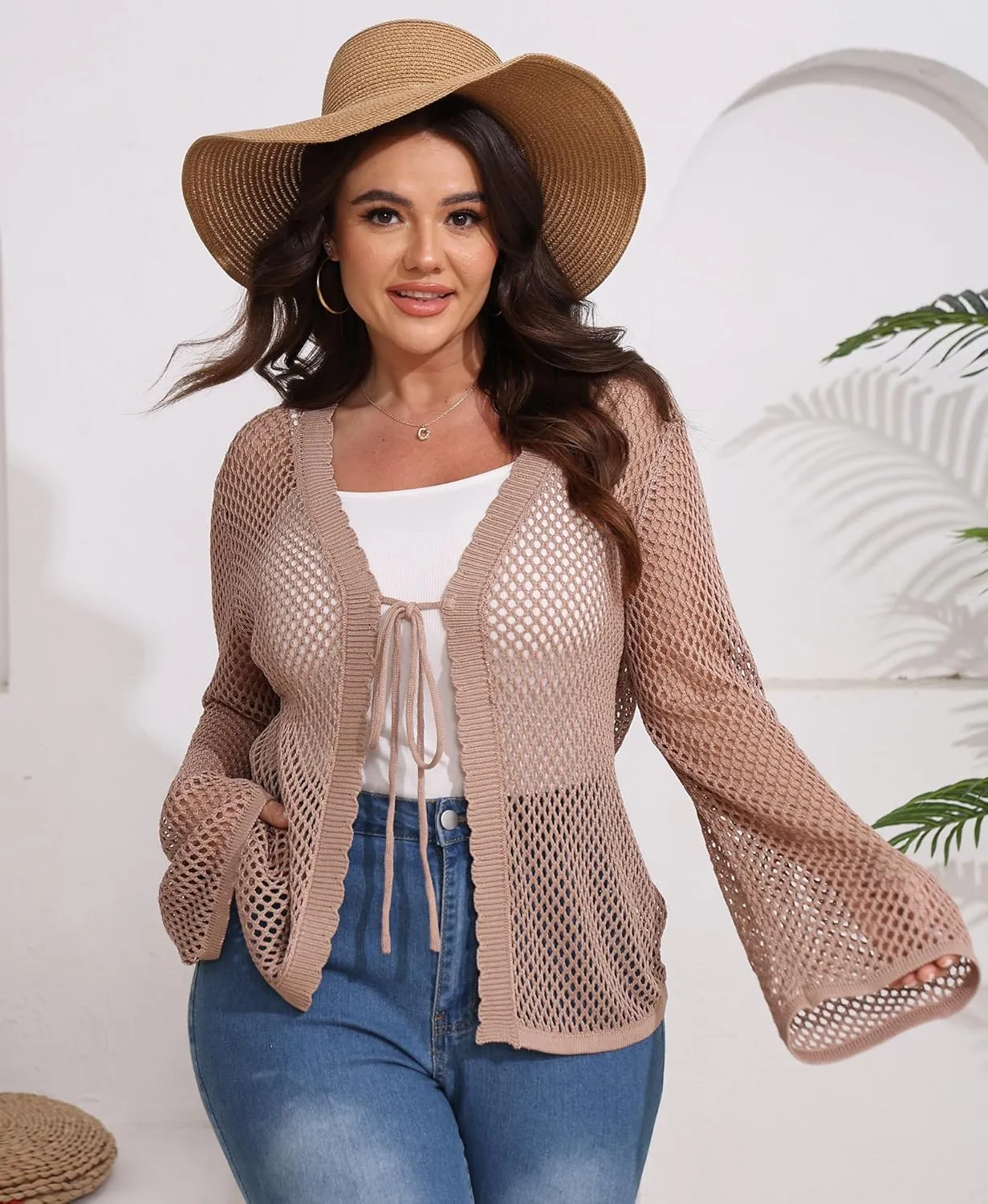 Womens Plus Size Crochet Cardigan Sweater Hollow Out Long Sleeve Open Front Cardigans V Neck Knitted Sweater