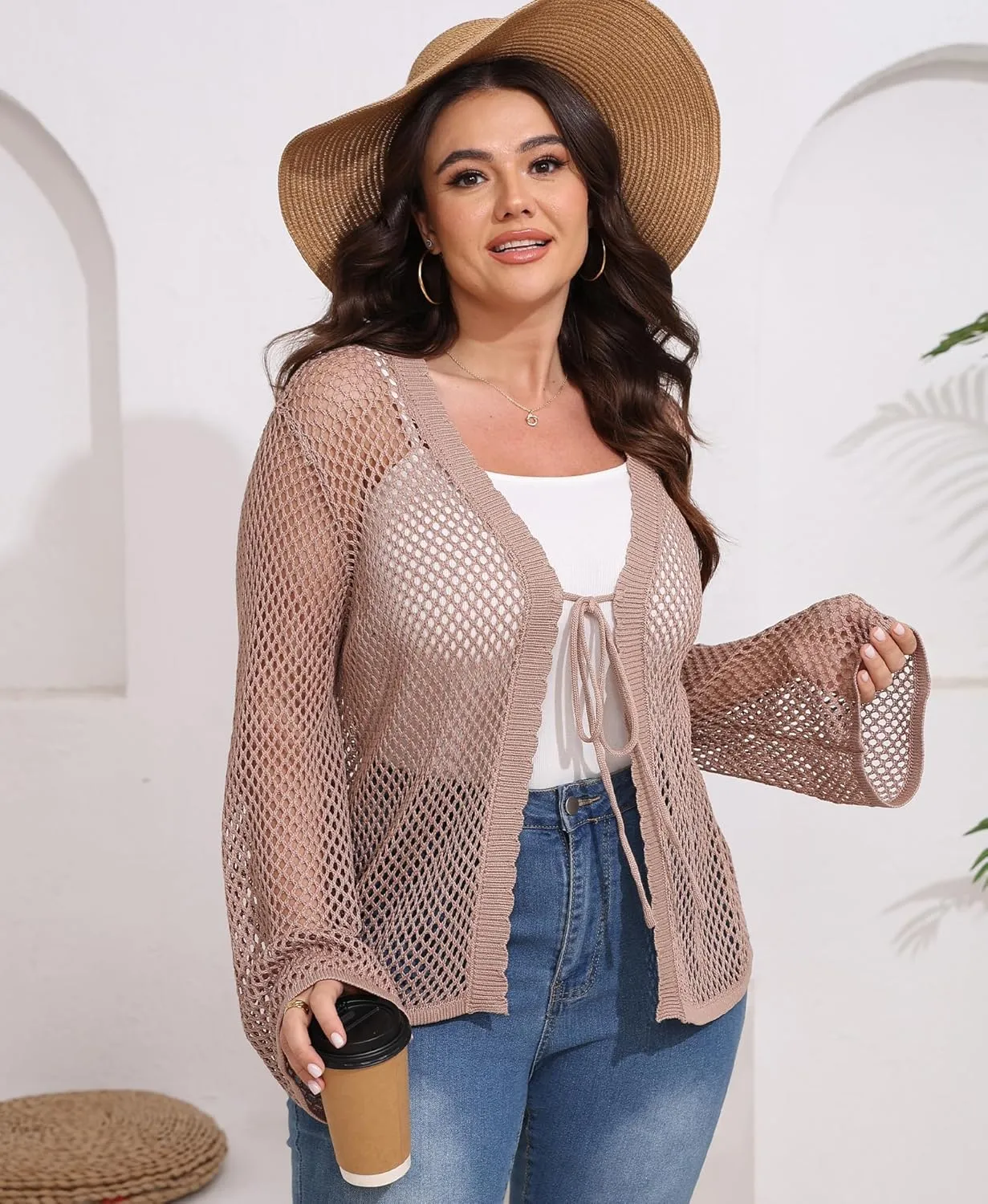 Womens Plus Size Crochet Cardigan Sweater Hollow Out Long Sleeve Open Front Cardigans V Neck Knitted Sweater