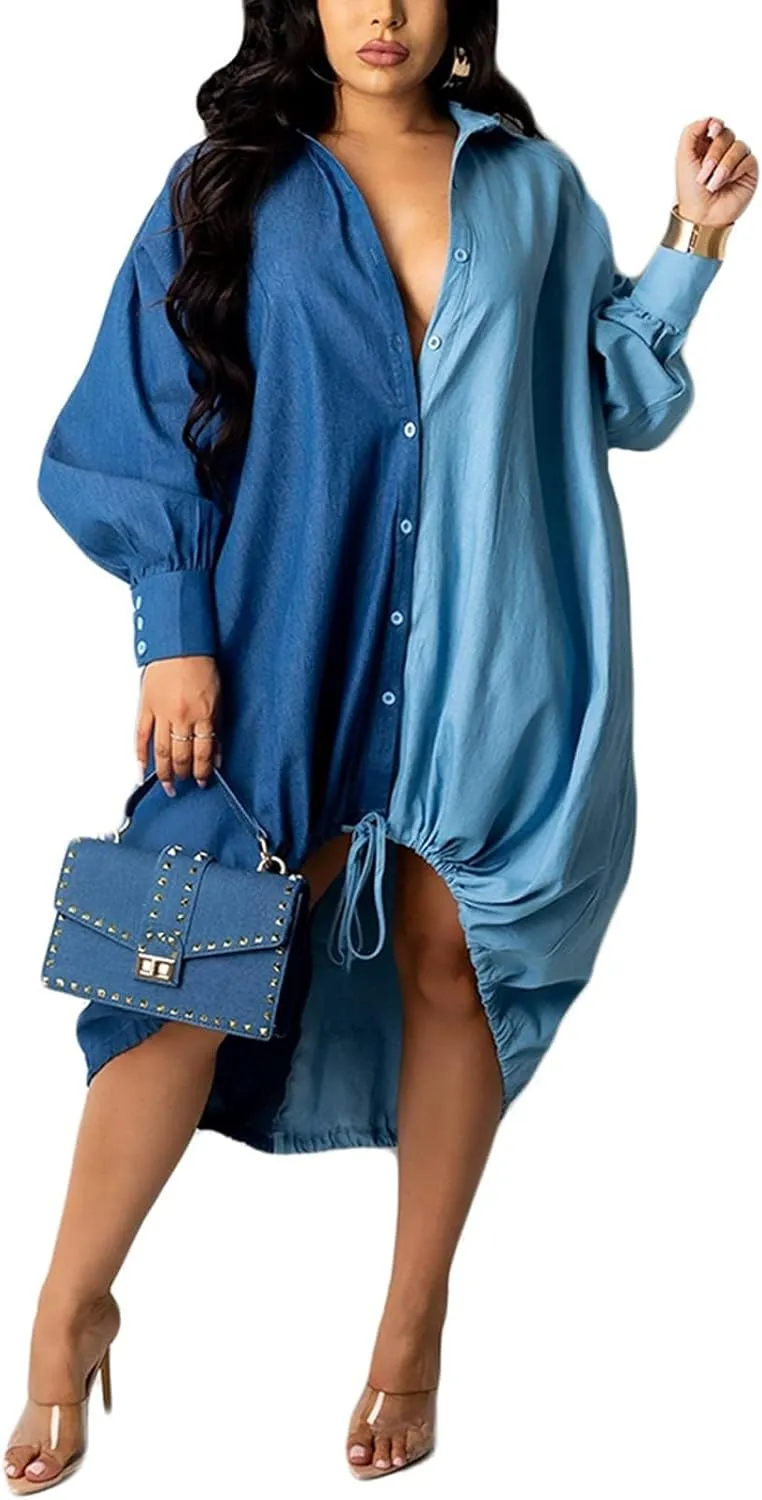 Womens Plus Size Lantern Dresses Button Down Long Sleeve Floral Drawstring Hem Midi Dress Casual