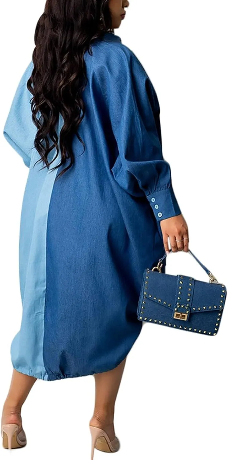 Womens Plus Size Lantern Dresses Button Down Long Sleeve Floral Drawstring Hem Midi Dress Casual