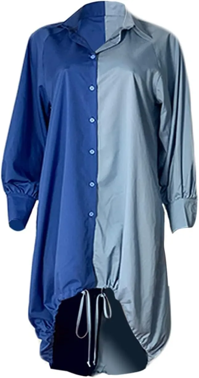 Womens Plus Size Lantern Dresses Button Down Long Sleeve Floral Drawstring Hem Midi Dress Casual