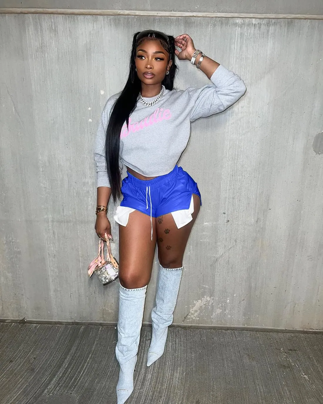 Women's PU Leather Shorts Sexy Side Slit Drawstring Disco Short Hot Pants with Pockets