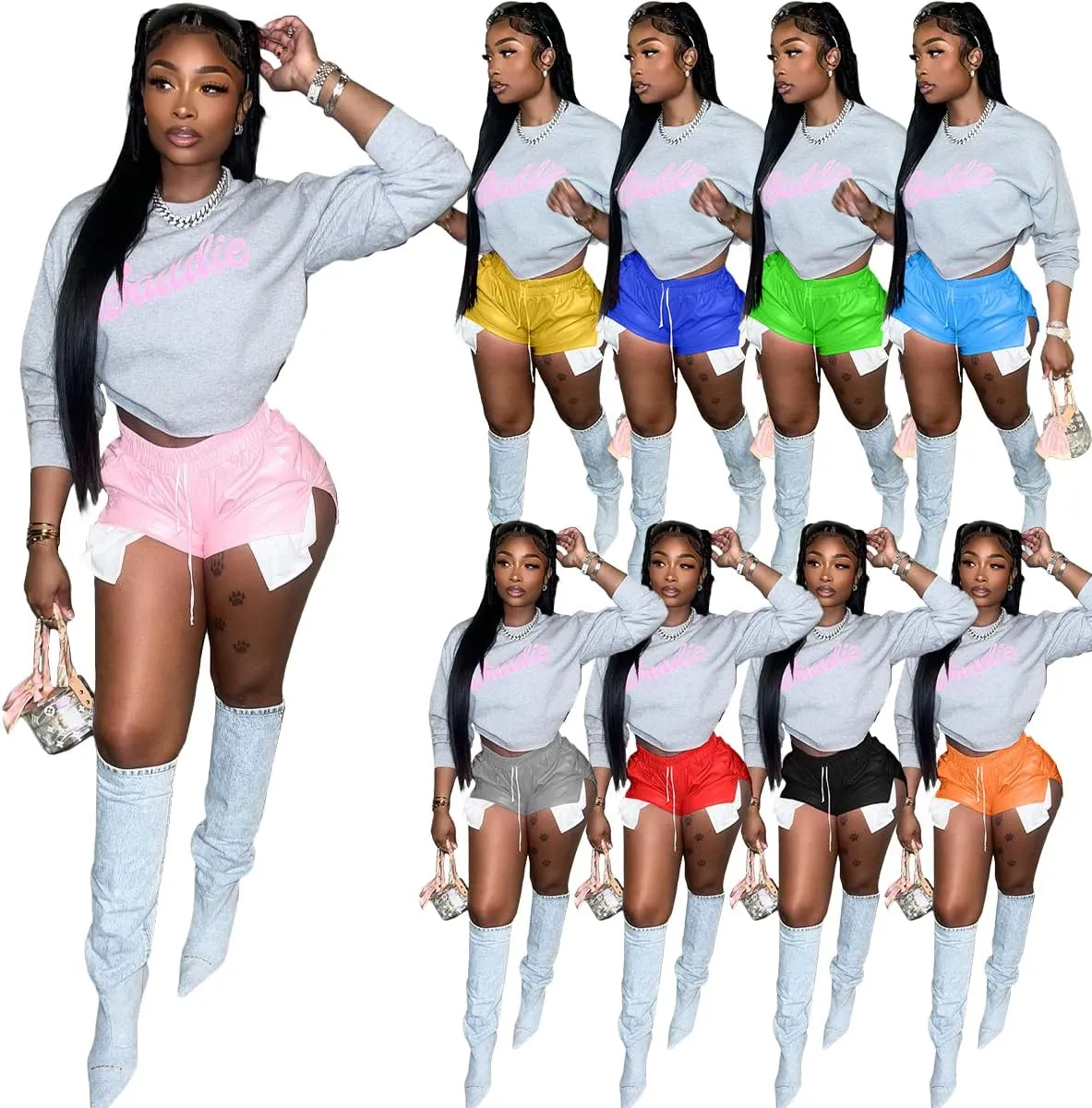 Women's PU Leather Shorts Sexy Side Slit Drawstring Disco Short Hot Pants with Pockets