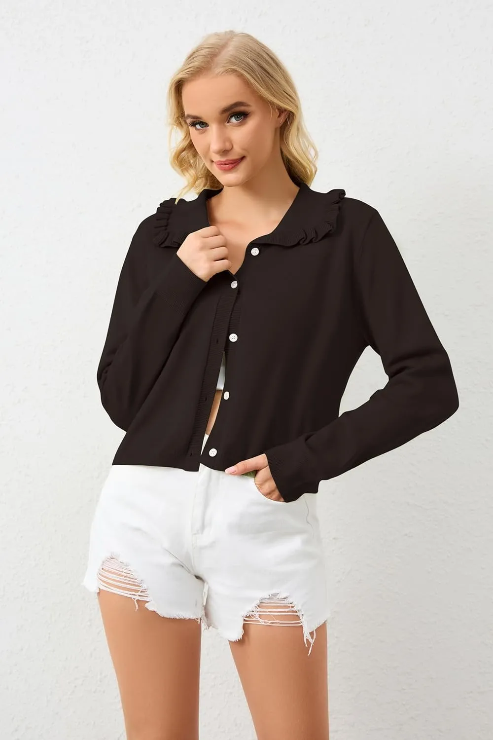 Womens Ruffle Collar Cardigan Sweater Button Up Open Front Fall Knit Jackets Cute Long Sleeve Button Down Cardigans