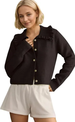 Womens Ruffle Collar Cardigan Sweater Button Up Open Front Fall Knit Jackets Cute Long Sleeve Button Down Cardigans