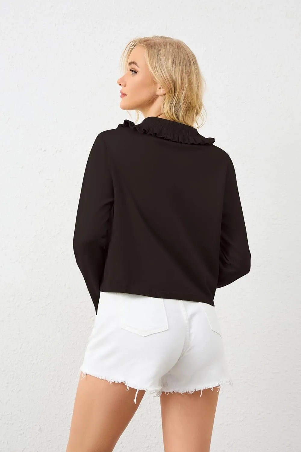 Womens Ruffle Collar Cardigan Sweater Button Up Open Front Fall Knit Jackets Cute Long Sleeve Button Down Cardigans