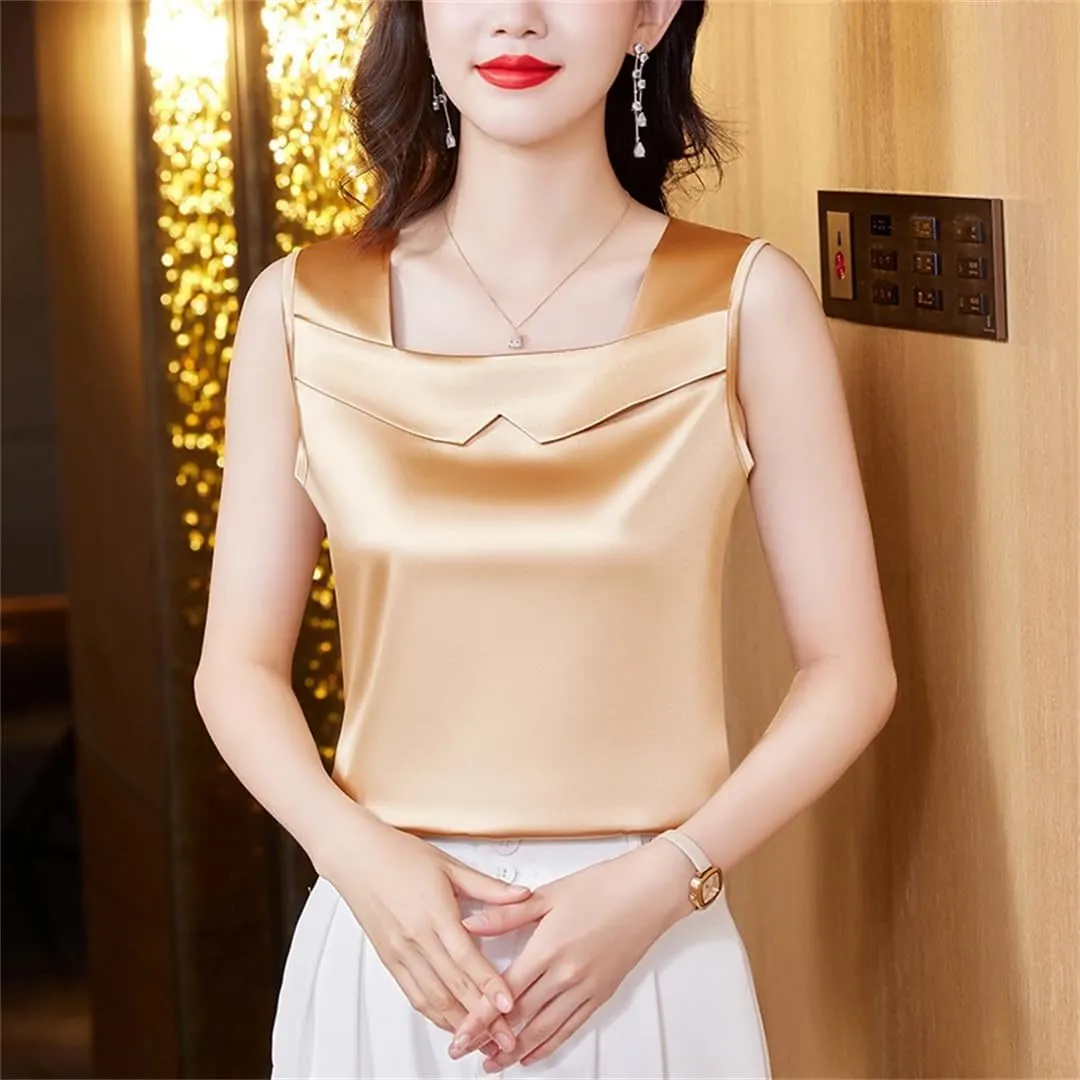 Women's Satin Camisole Tank Top for Spring Summer Korean Sleeveless Vest Shirt