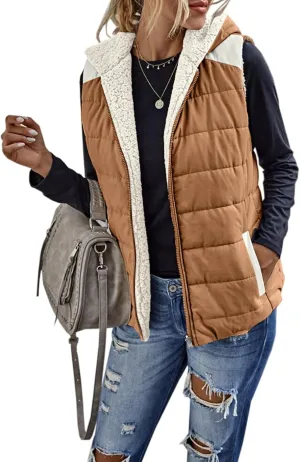Womens Sherpa Fleece Full Zip Reversible Vest Warm Color Block Hoodie Outwear with Pocket