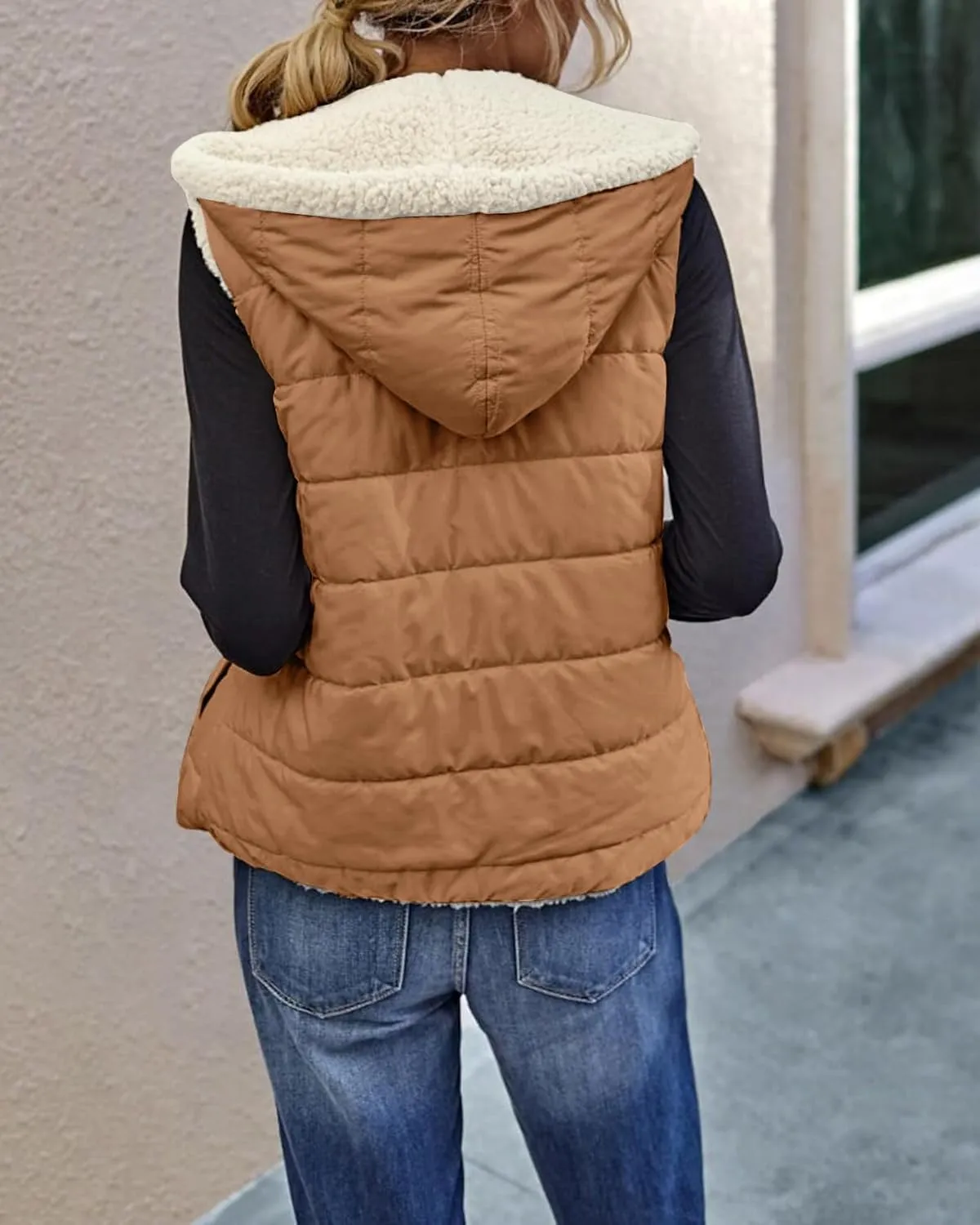Womens Sherpa Fleece Full Zip Reversible Vest Warm Color Block Hoodie Outwear with Pocket