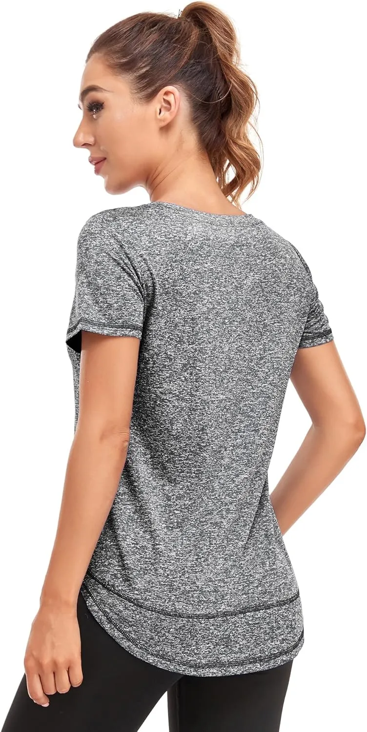 Women's Short Sleeve Workout Shirts Crewneck Sports Yoga Running Dry Fit Tops Side Split Tee