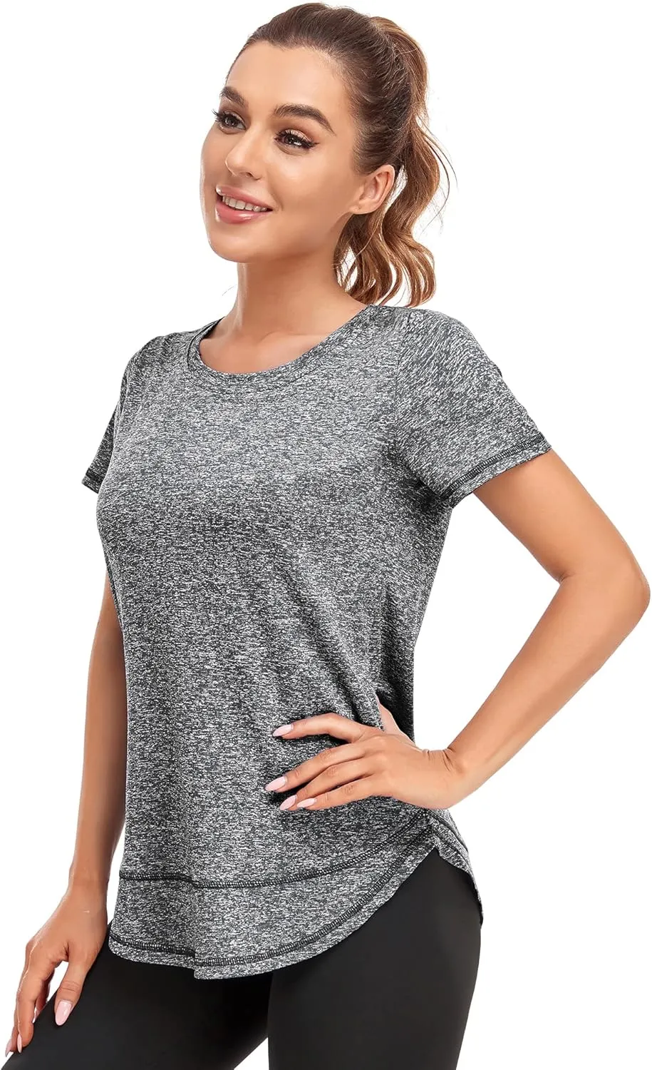 Women's Short Sleeve Workout Shirts Crewneck Sports Yoga Running Dry Fit Tops Side Split Tee