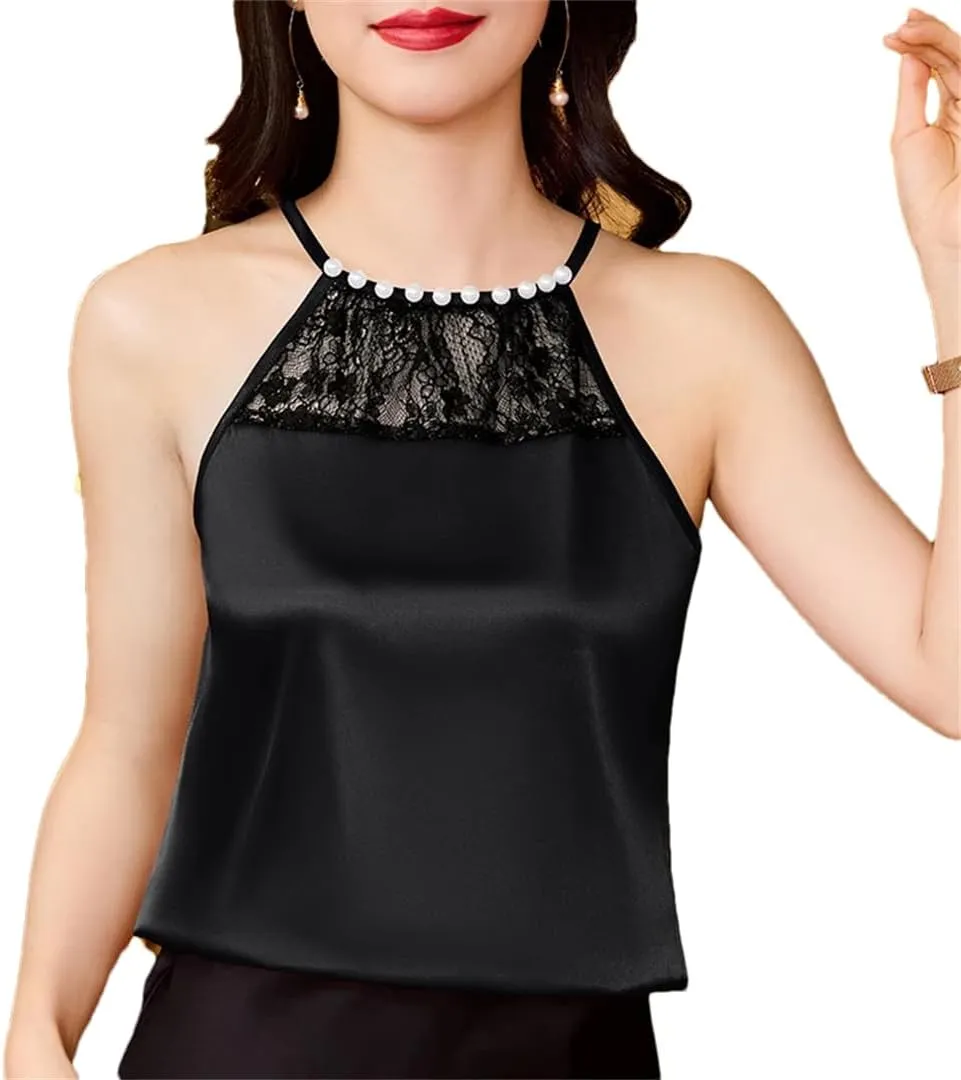 Women's Spring Summer Hanging Neck Beaded Lace Camisole Sleeveless Camis Patchwork Silk Satin Beaded Tank Tops