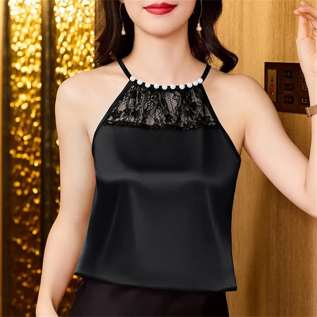 Women's Spring Summer Hanging Neck Beaded Lace Camisole Sleeveless Camis Patchwork Silk Satin Beaded Tank Tops