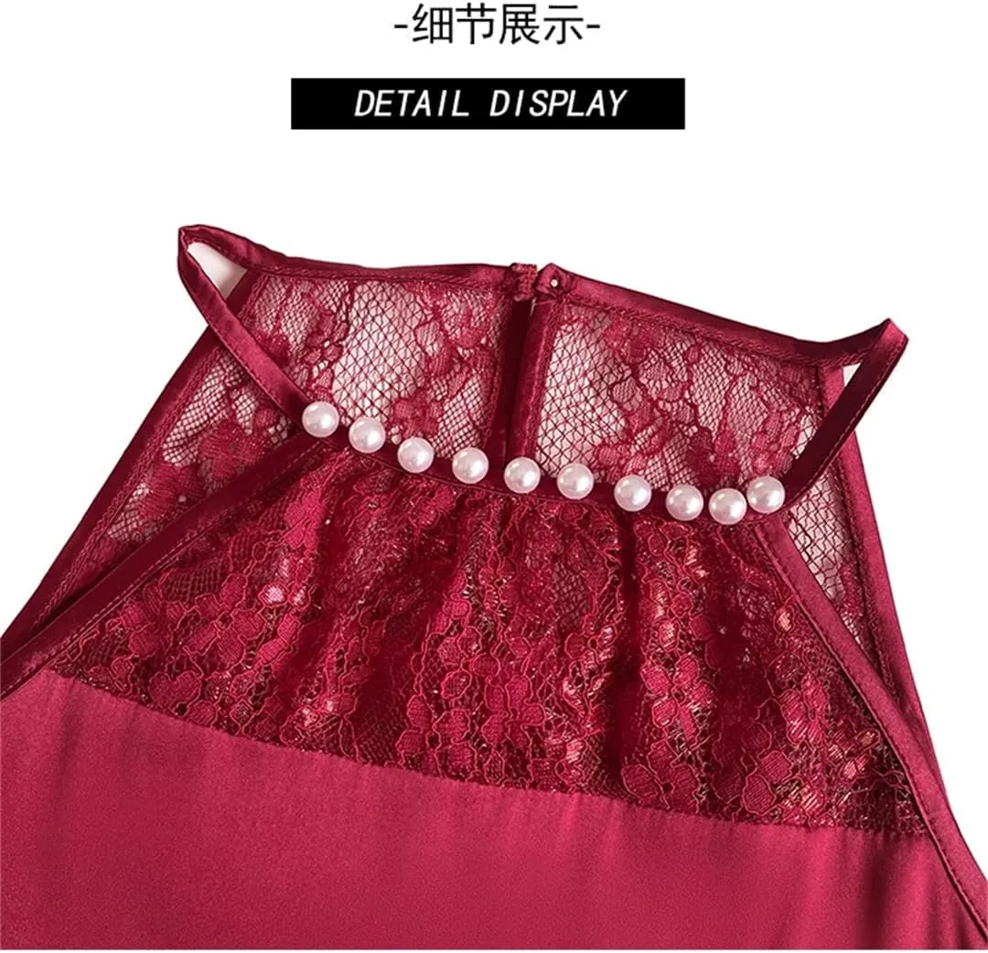 Women's Spring Summer Hanging Neck Beaded Lace Camisole Sleeveless Camis Patchwork Silk Satin Beaded Tank Tops