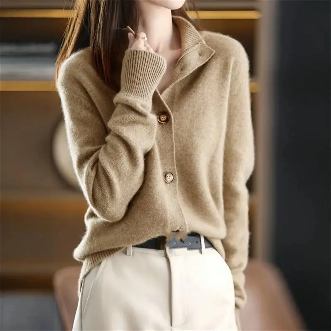 Women's Stand Collar Button Loose Long Sleeve Cardigan Knitted Sweater Jacket