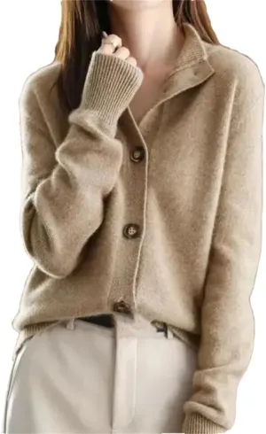 Women's Stand Collar Button Loose Long Sleeve Cardigan Knitted Sweater Jacket