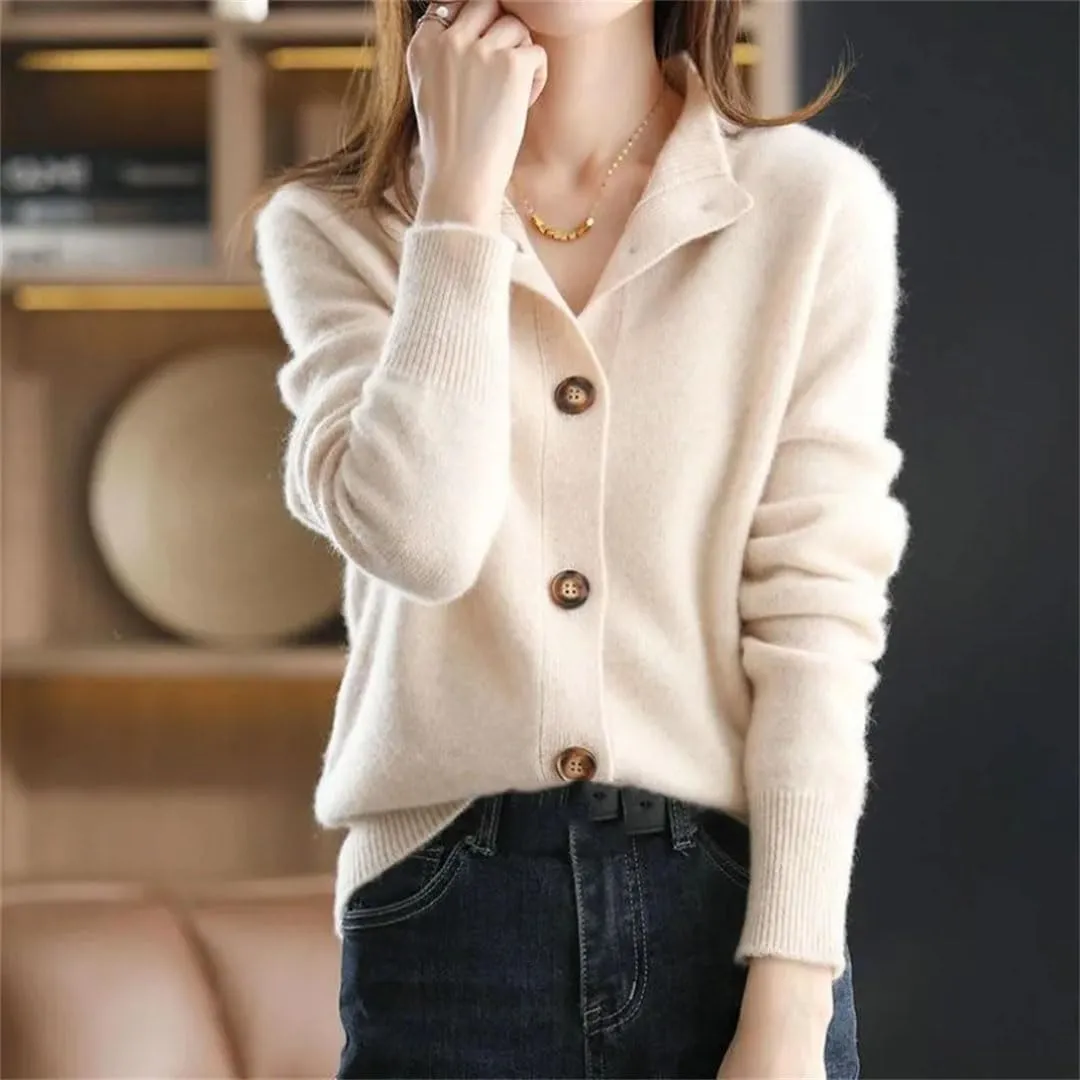 Women's Stand Collar Button Loose Long Sleeve Cardigan Knitted Sweater Jacket