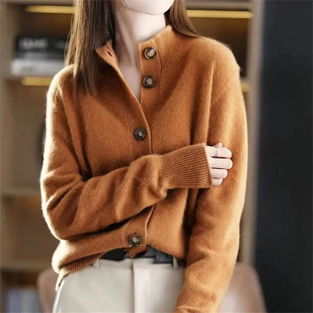 Women's Stand Collar Button Loose Long Sleeve Cardigan Knitted Sweater Jacket