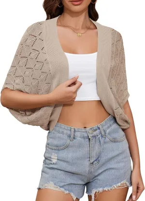 Women's Summer Lightweight Crochet Cardigan Shrug Open Front Batwing Sleeve Knit Summer Boho Cover Up