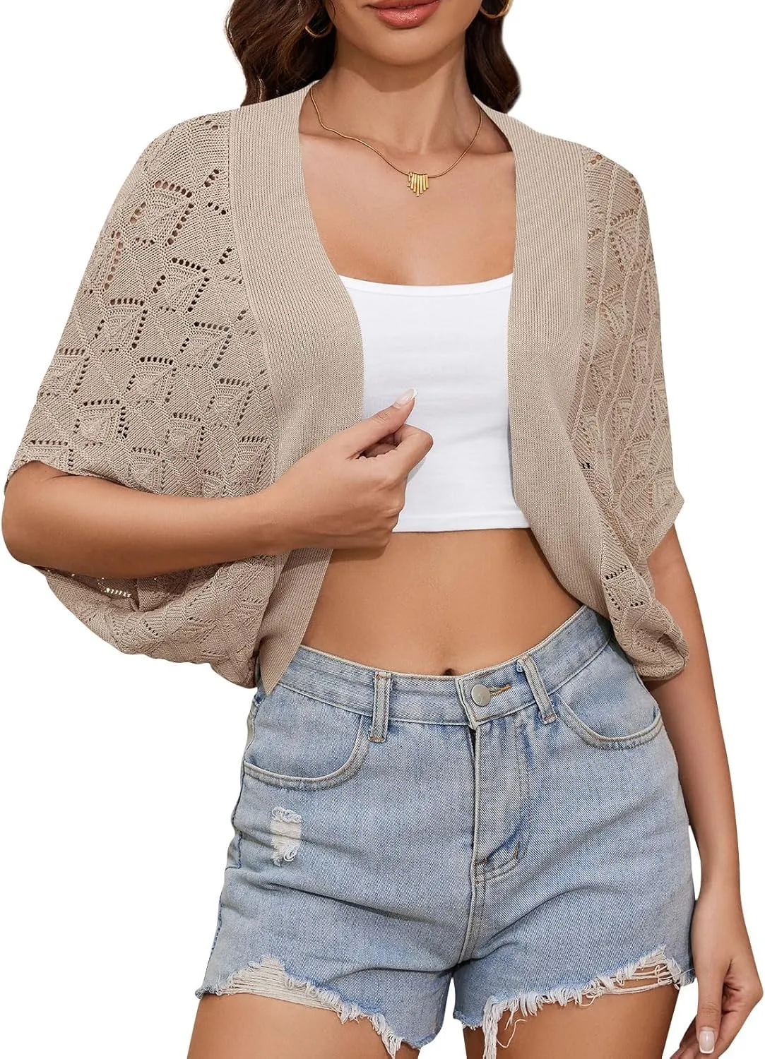 Women's Summer Lightweight Crochet Cardigan Shrug Open Front Batwing Sleeve Knit Summer Boho Cover Up
