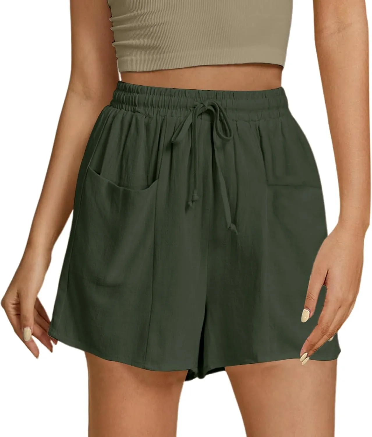 Women's Summer Linen High Elastic Waist Drawstring Solid Color Casual Loose Fit Beach Shorts with Pockets