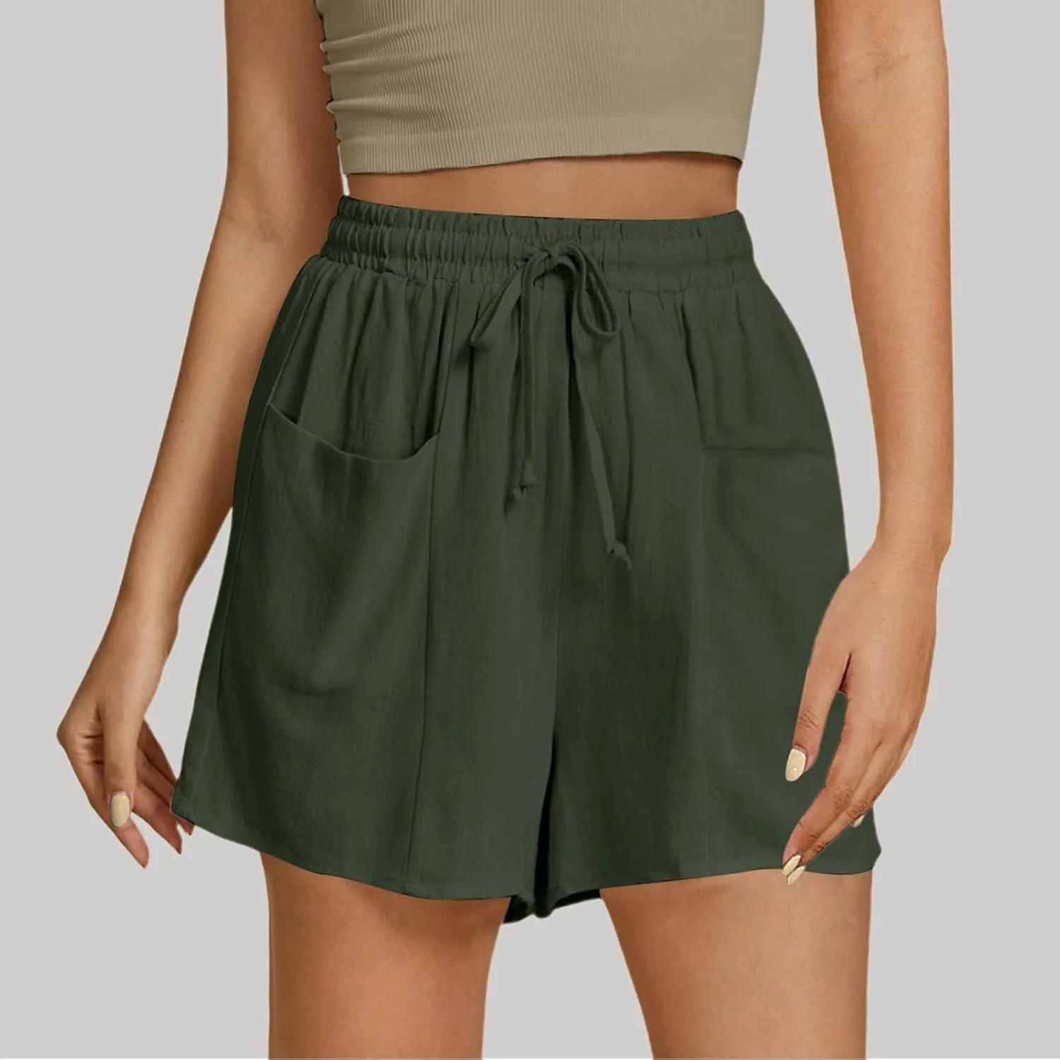 Women's Summer Linen High Elastic Waist Drawstring Solid Color Casual Loose Fit Beach Shorts with Pockets