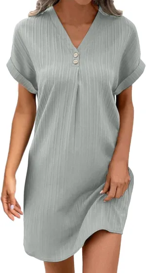 Womens Summer Shirt Dress 2025 Short Sleeve V Neck Buttons Dress Casual Loose Beach Mini T Shirt Sundress with Pockets
