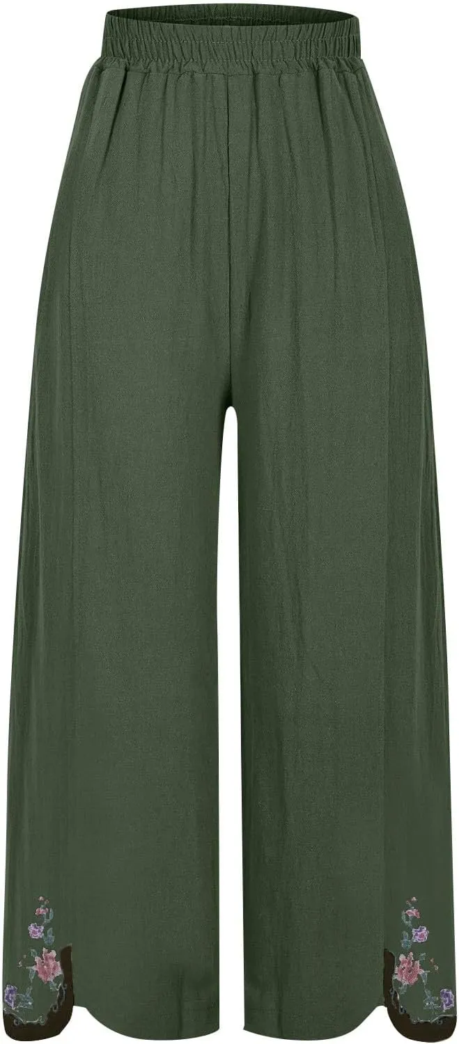 Women's Summer Solid Color Embroidery Linen Wide Leg Pants Elastic Waist Casual Capris Palazzo Trousers with Pockets