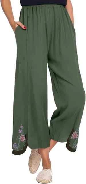 Women's Summer Solid Color Embroidery Linen Wide Leg Pants Elastic Waist Casual Capris Palazzo Trousers with Pockets
