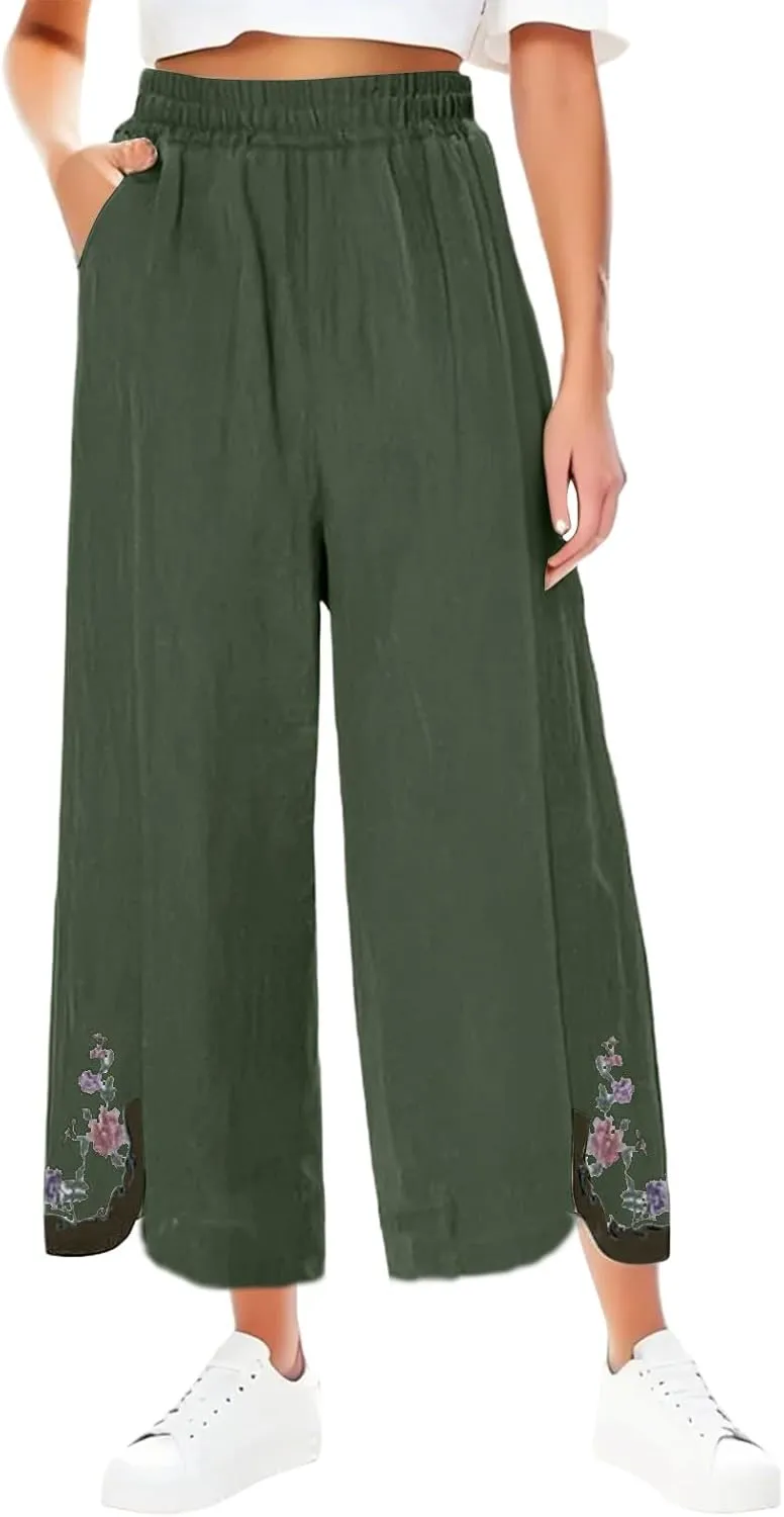 Women's Summer Solid Color Embroidery Linen Wide Leg Pants Elastic Waist Casual Capris Palazzo Trousers with Pockets