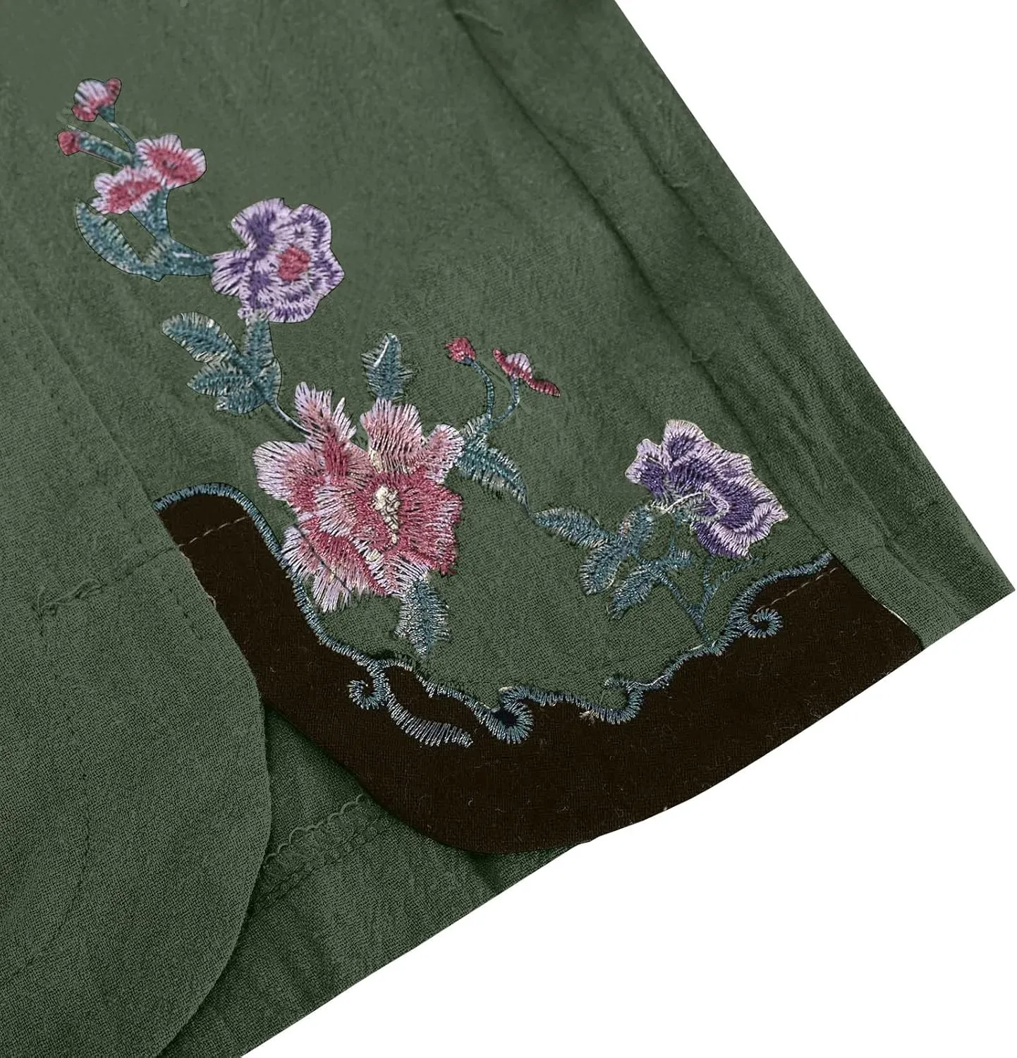 Women's Summer Solid Color Embroidery Linen Wide Leg Pants Elastic Waist Casual Capris Palazzo Trousers with Pockets