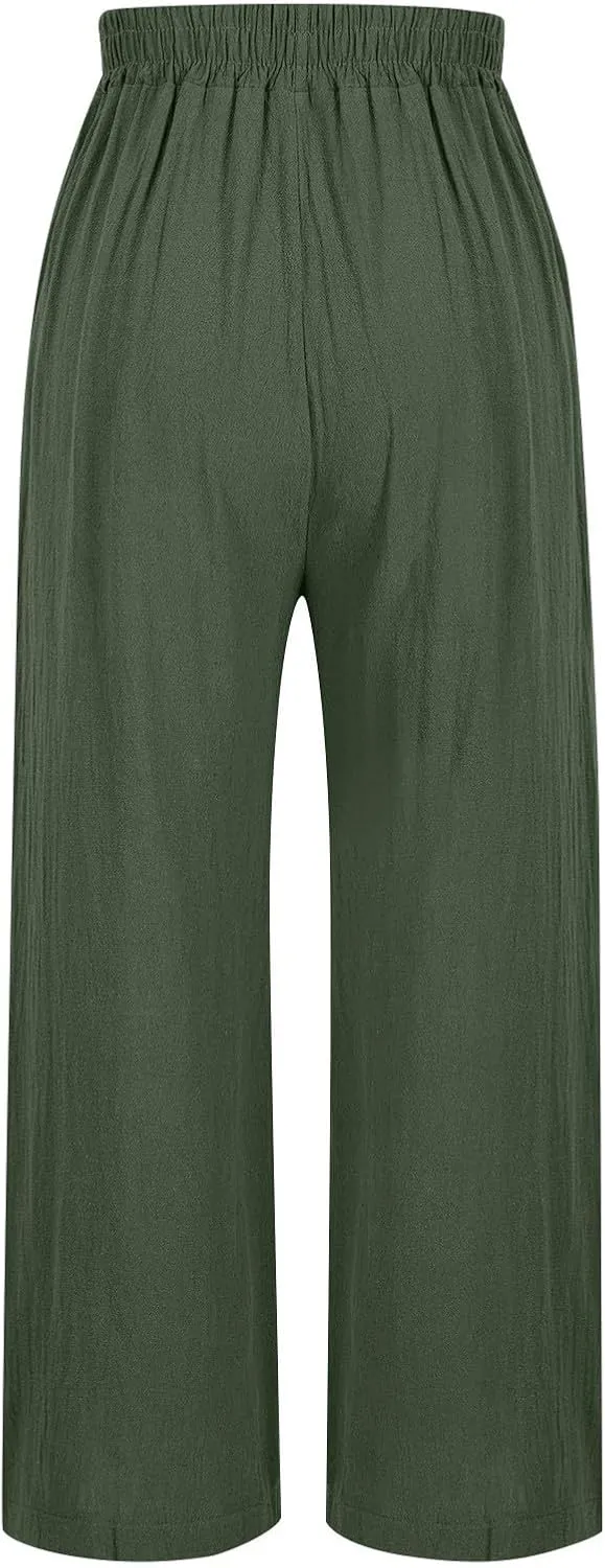 Women's Summer Solid Color Embroidery Linen Wide Leg Pants Elastic Waist Casual Capris Palazzo Trousers with Pockets