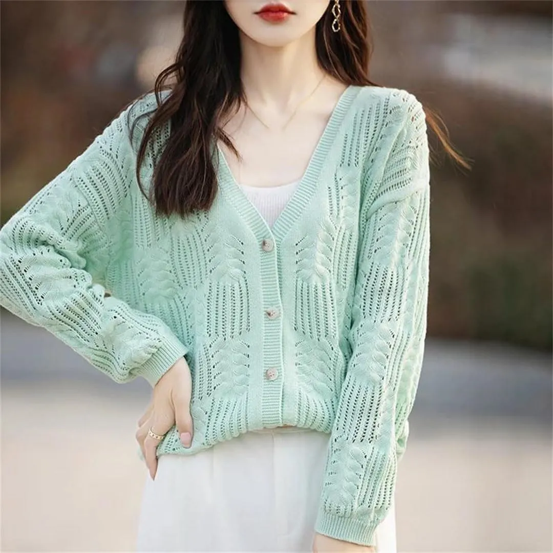 Women's Sweater Cotton Knitted Cardigan Fashion Large Coat Long Sleeved Solid Color Tops