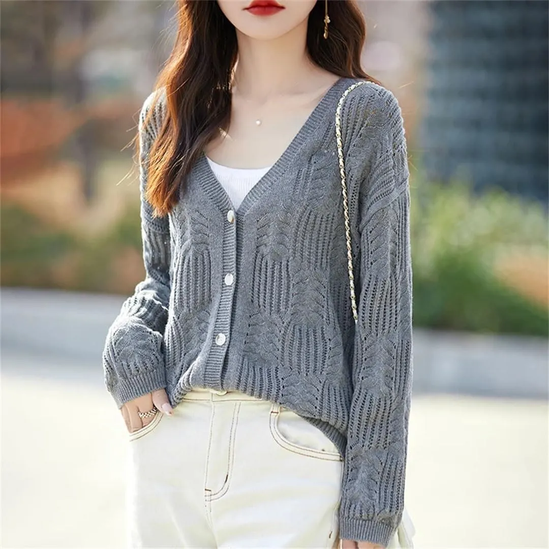 Women's Sweater Cotton Knitted Cardigan Fashion Large Coat Long Sleeved Solid Color Tops