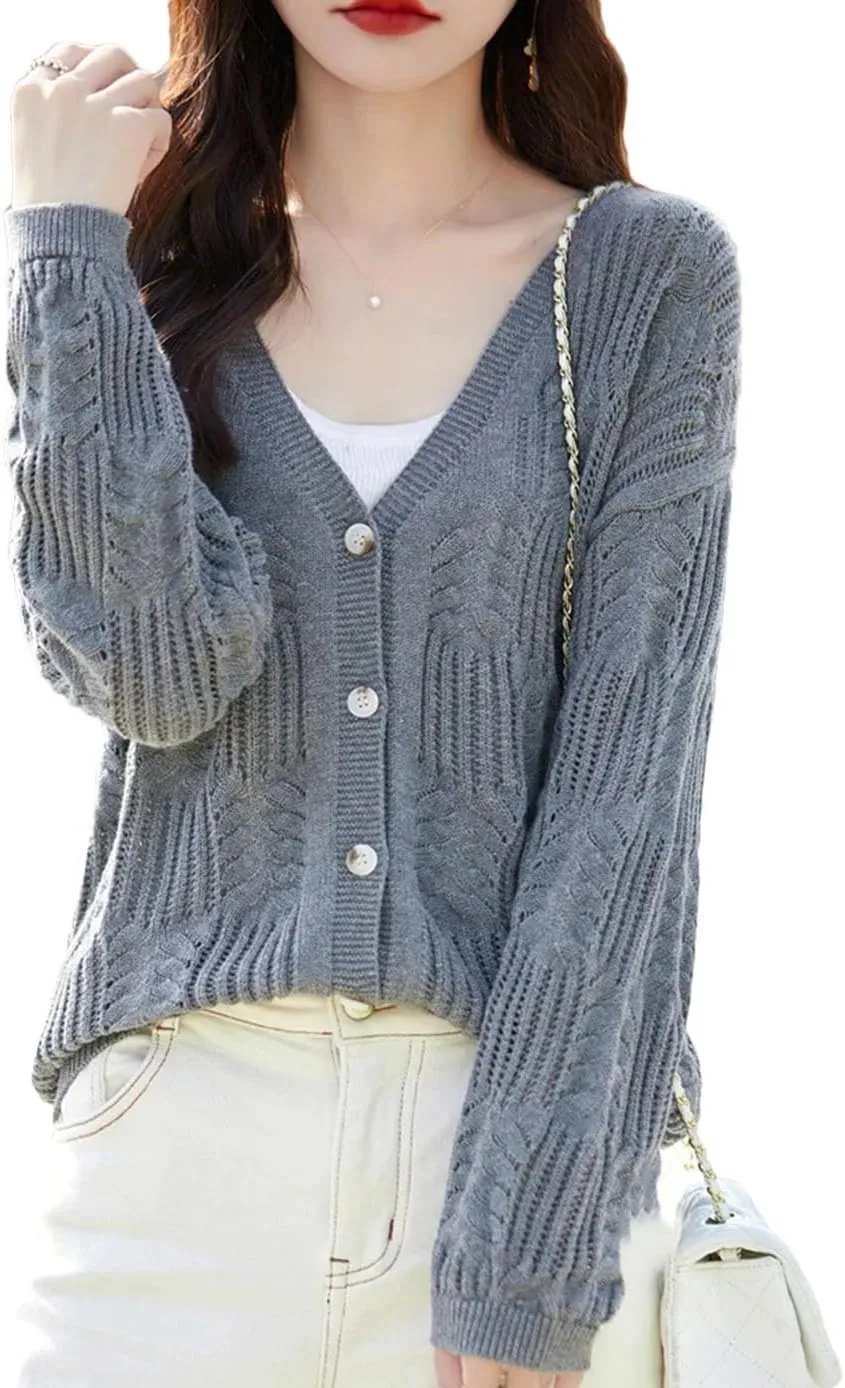 Women's Sweater Cotton Knitted Cardigan Fashion Large Coat Long Sleeved Solid Color Tops