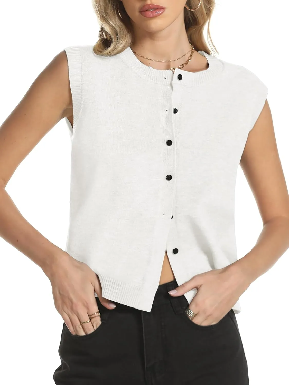 Womens Sweater Vest Summer Crewneck Button Down Tank Tops 2025 Trendy Sleeveless Knit Cardigan Crop Tops