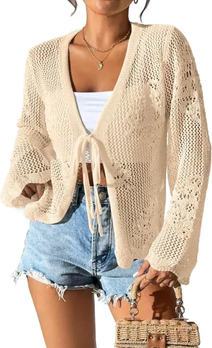 Womens Tie Front Lightweight Crochet Cardigan Shrugs Knit Cardigan Crop Tops Cover Up