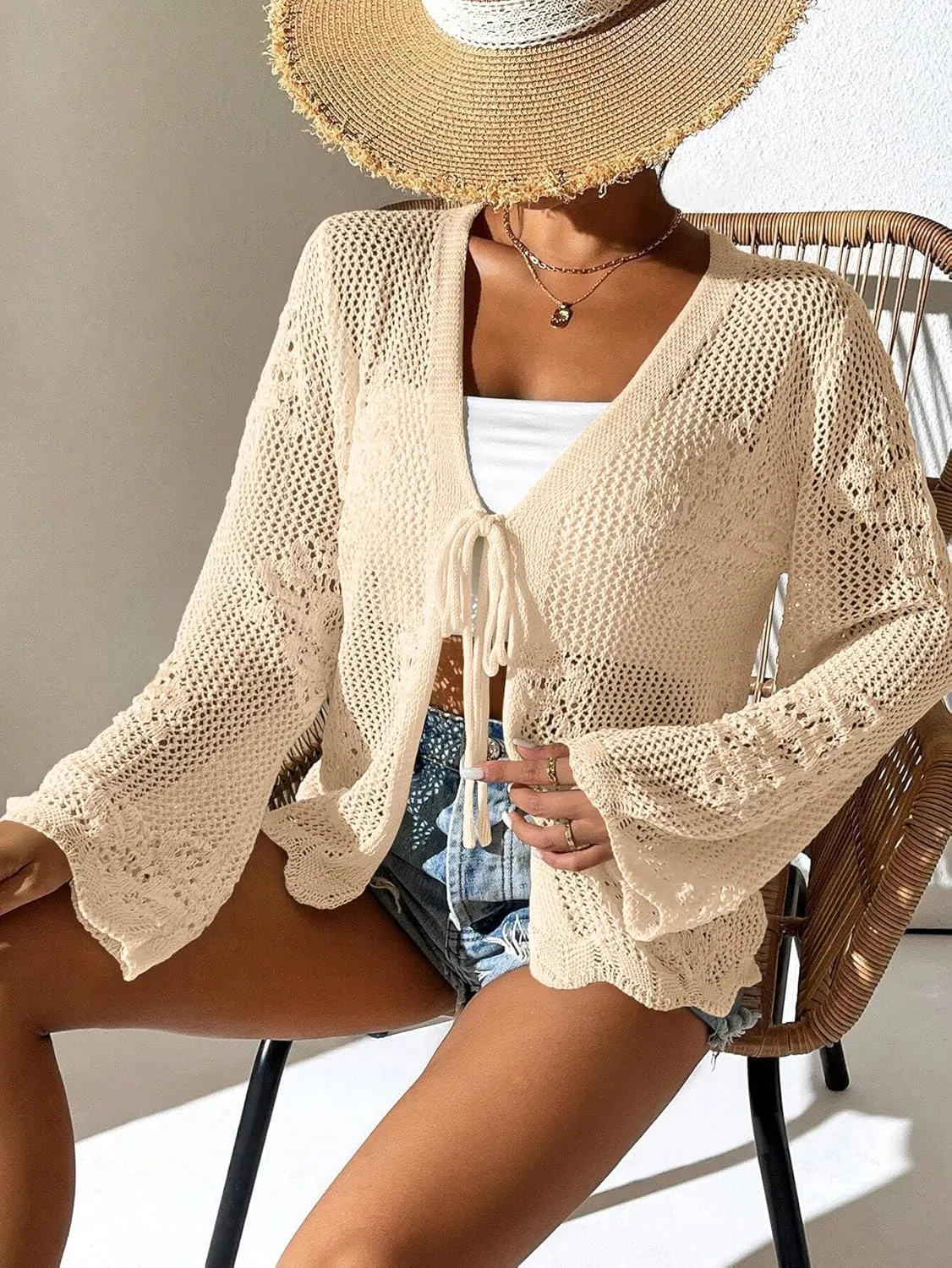Womens Tie Front Lightweight Crochet Cardigan Shrugs Knit Cardigan Crop Tops Cover Up