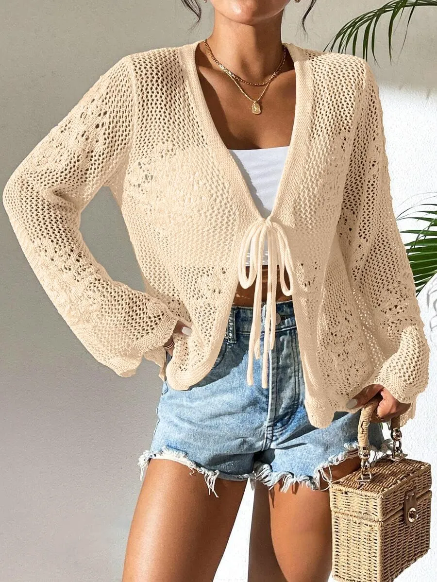 Womens Tie Front Lightweight Crochet Cardigan Shrugs Knit Cardigan Crop Tops Cover Up