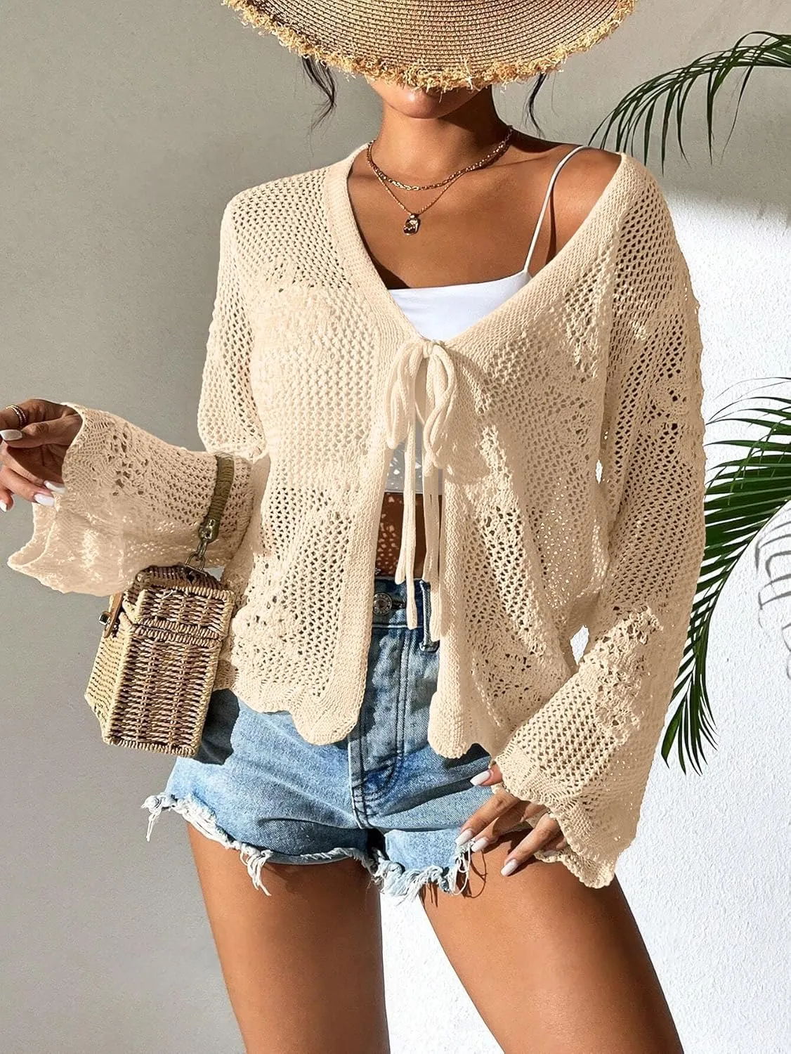 Womens Tie Front Lightweight Crochet Cardigan Shrugs Knit Cardigan Crop Tops Cover Up