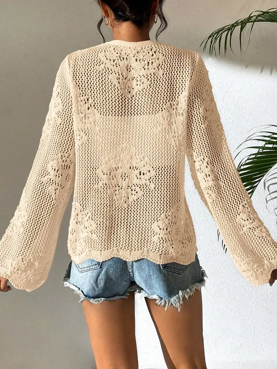 Womens Tie Front Lightweight Crochet Cardigan Shrugs Knit Cardigan Crop Tops Cover Up