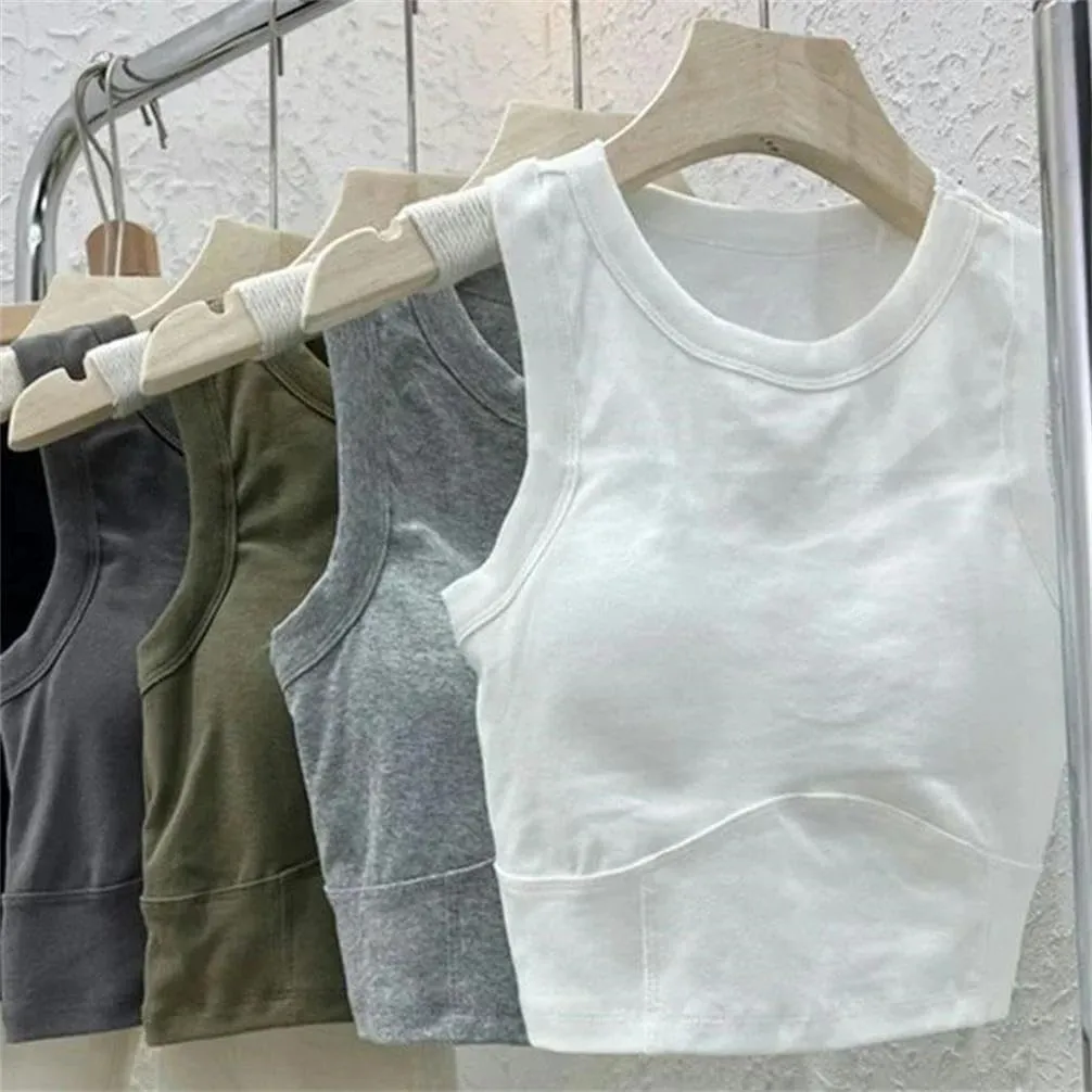 Women's Tops Solid Color Short Sleeveless Tight Camisole with Breast Pads Basic Underwear Padded Bra Tops Sports Style